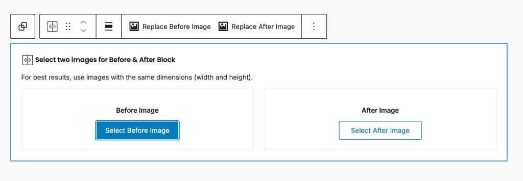 To compare images simply add two images into the Before & After Block. 