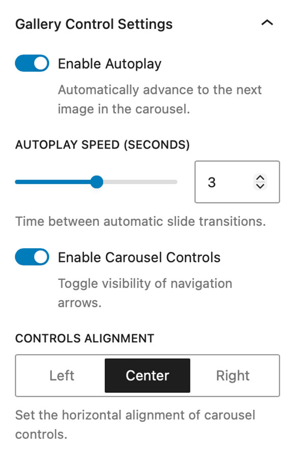Carousel Gallery Block - Gallery Control Settings