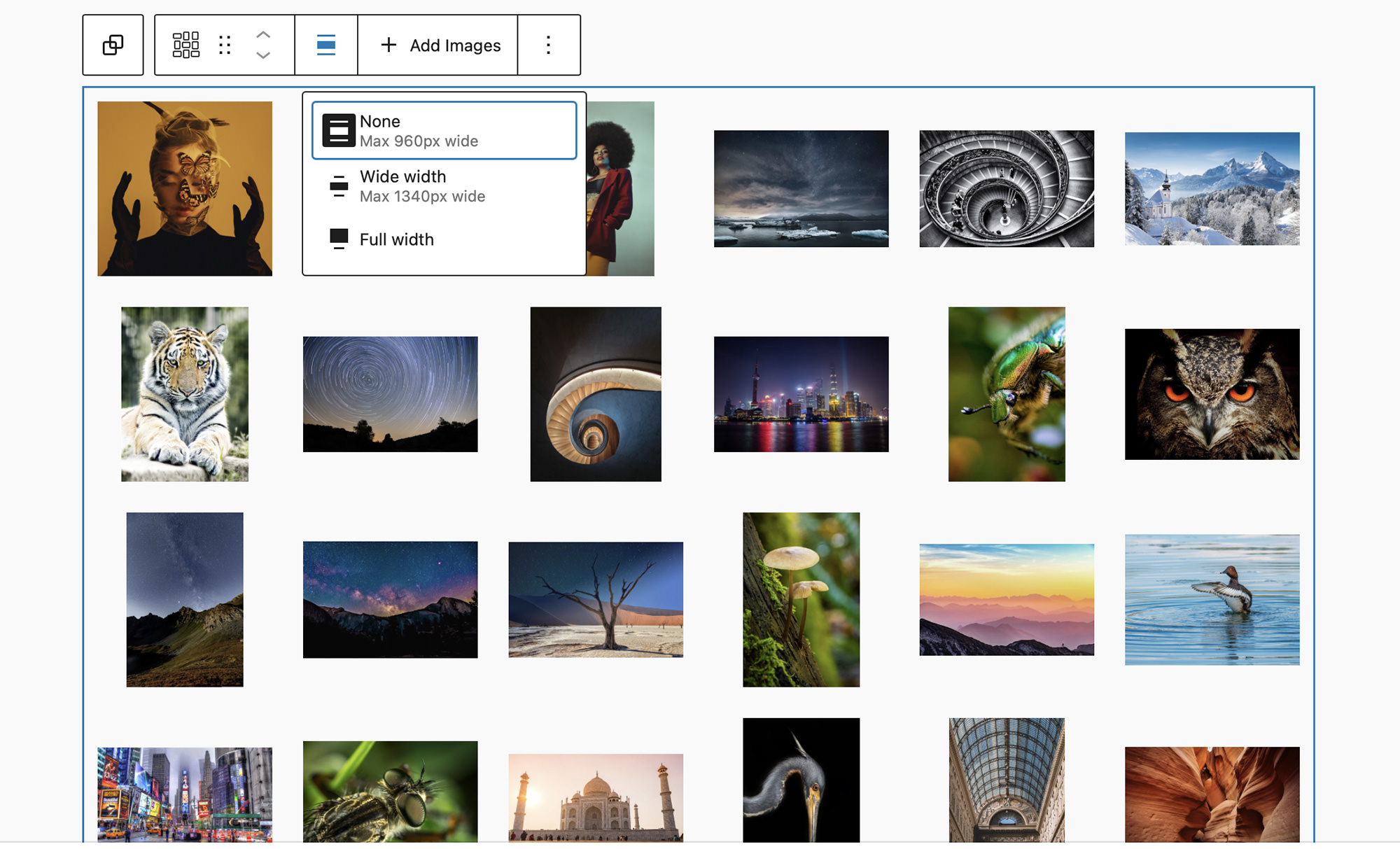 Alignment controls in the block's toolbar allow you choose between your theme's content, wide, and full width settings.