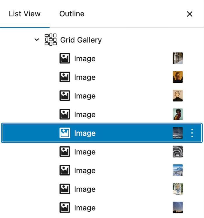 Re-arrange the Grid Gallery by selecting the inner Image Blocks and dragging and dropping into your preferred order.