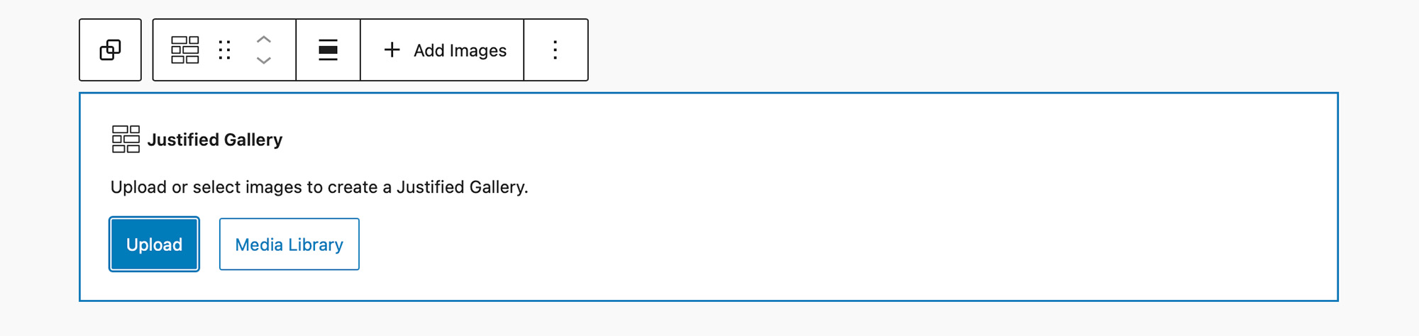 View of the Justified Gallery Block initial placeholder. 