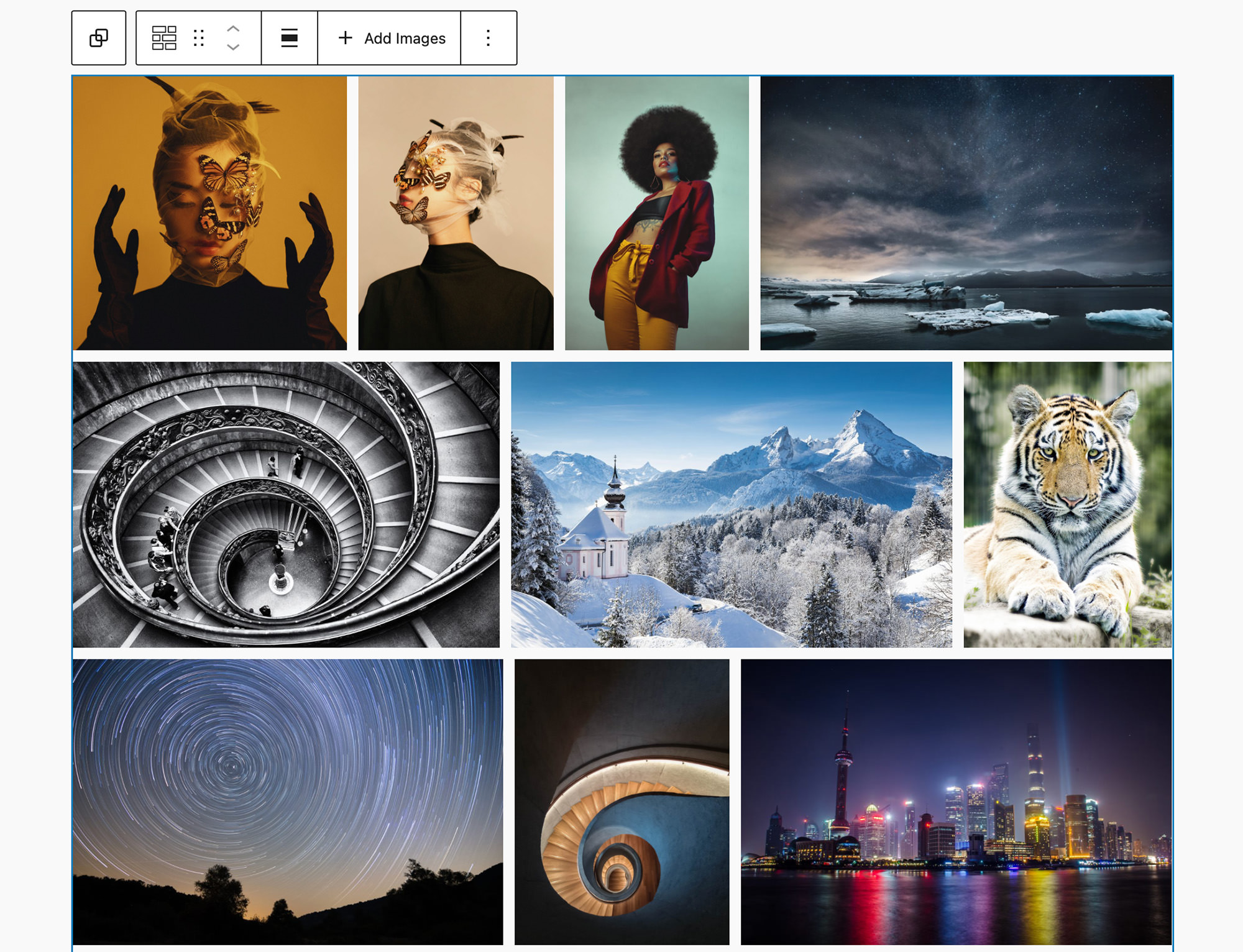 Alignment controls in the block's toolbar allow you choose between your theme's content, wide, and full width settings.