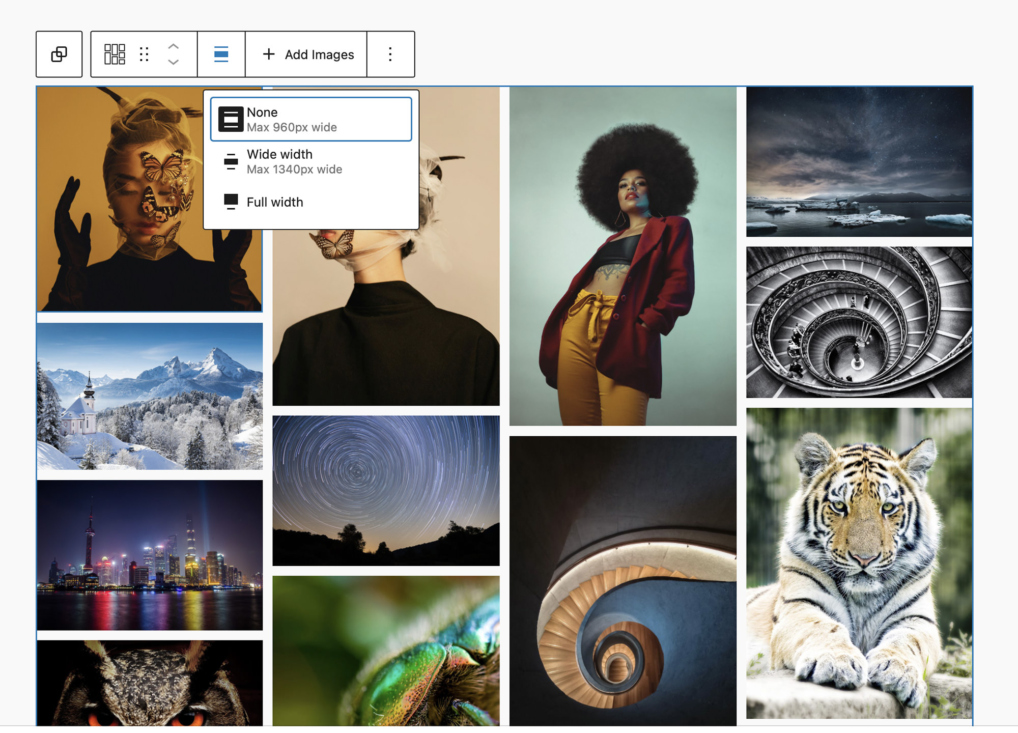 Alignment controls in the block's toolbar allow you choose between your theme's content, wide, and full width settings.