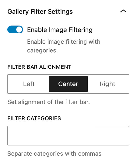 The Gallery Filter Settings panel in the Grid Gallery Block.