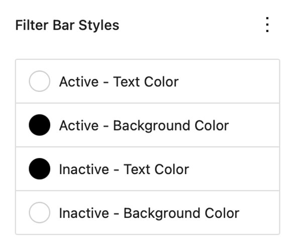 The Filter Bar Styles panel in the Grid Gallery Block.