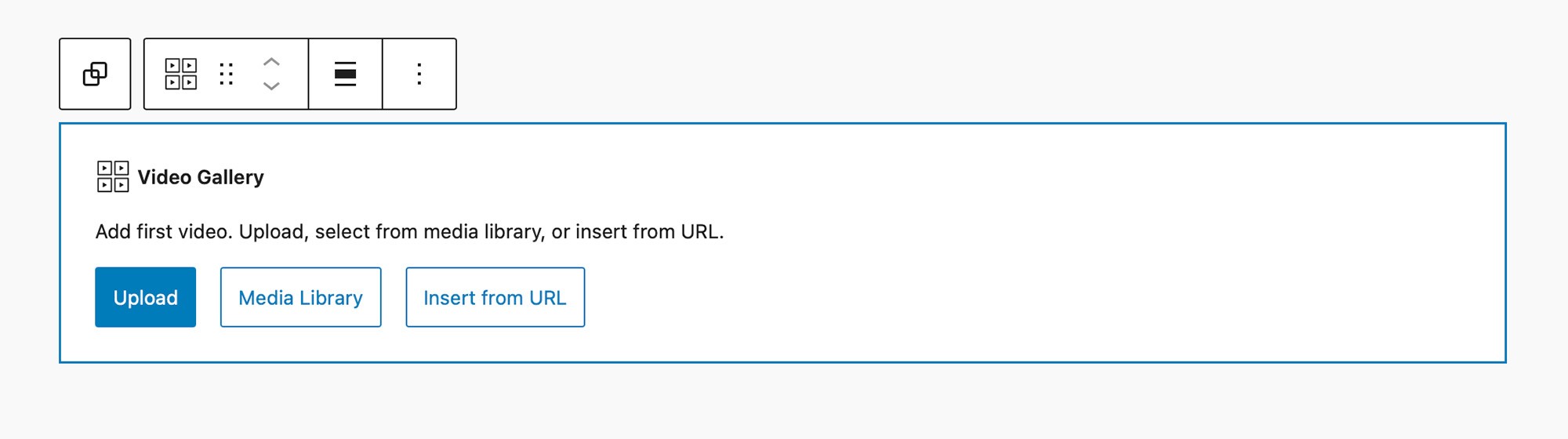 View of the initial placeholder created by the Video Gallery Block. 