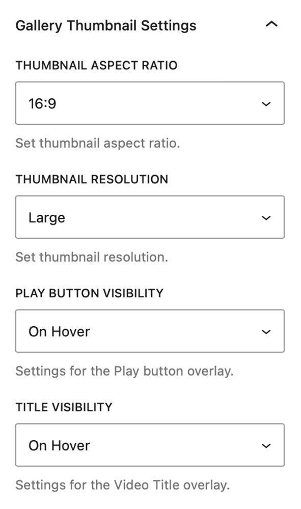 Video Gallery Block - Gallery Thumbnail Settings