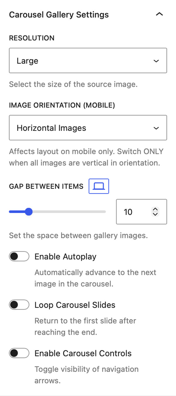 General Settings on Carousel Gallery Block