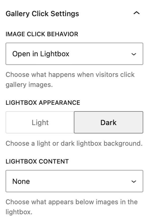 Gallery Click Settings - Open in Lightbox