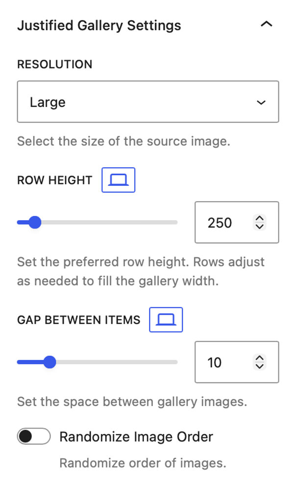 Justified Gallery Settings