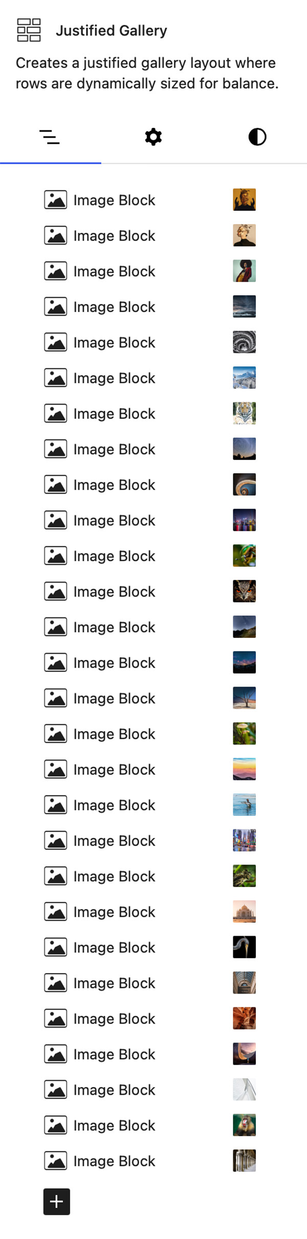 The Content Panel on the Justified Gallery Block