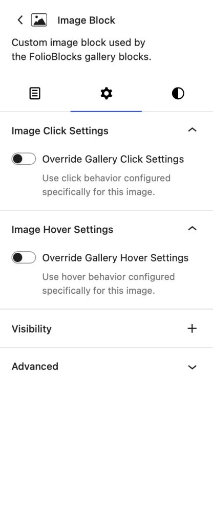 The Settings panel on an Image Block when nested inside a gallery