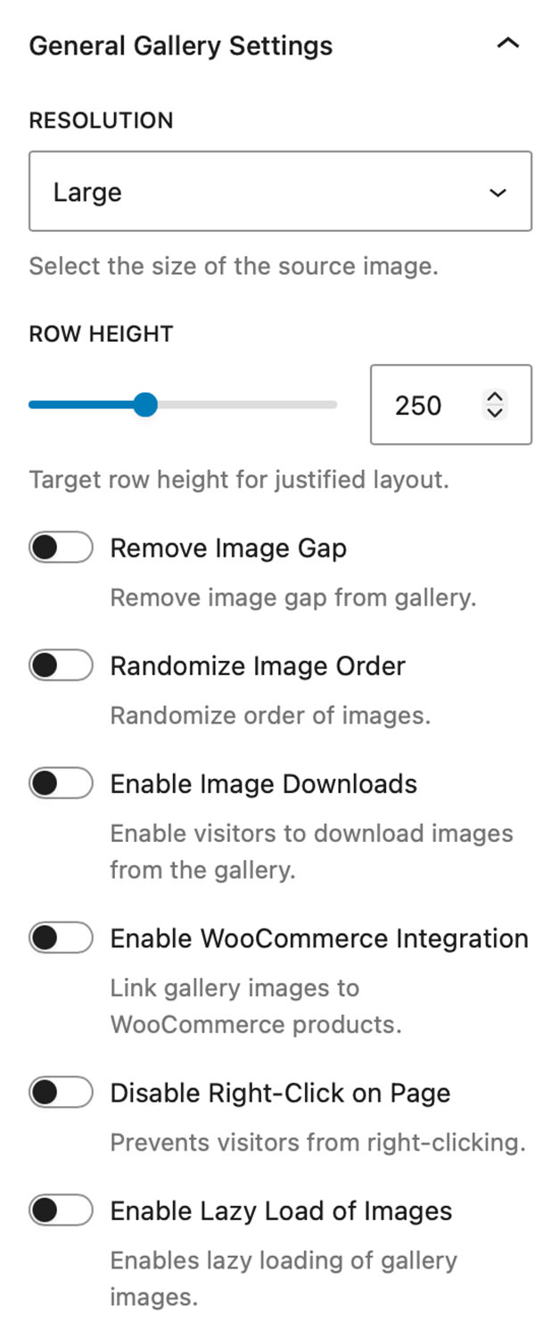 Justified Gallery Block - General Gallery Settings