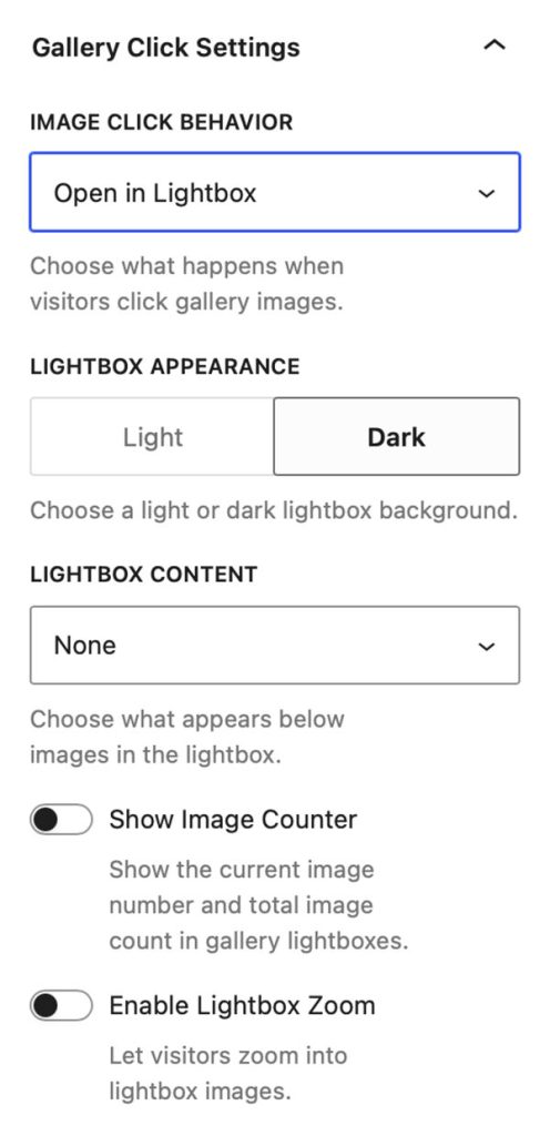 Gallery Click Settings - Open in Lightbox