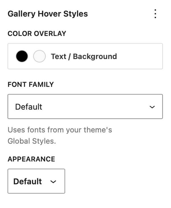 Gallery Hover Styles panel displays in the block's Style section when overlays are active. 