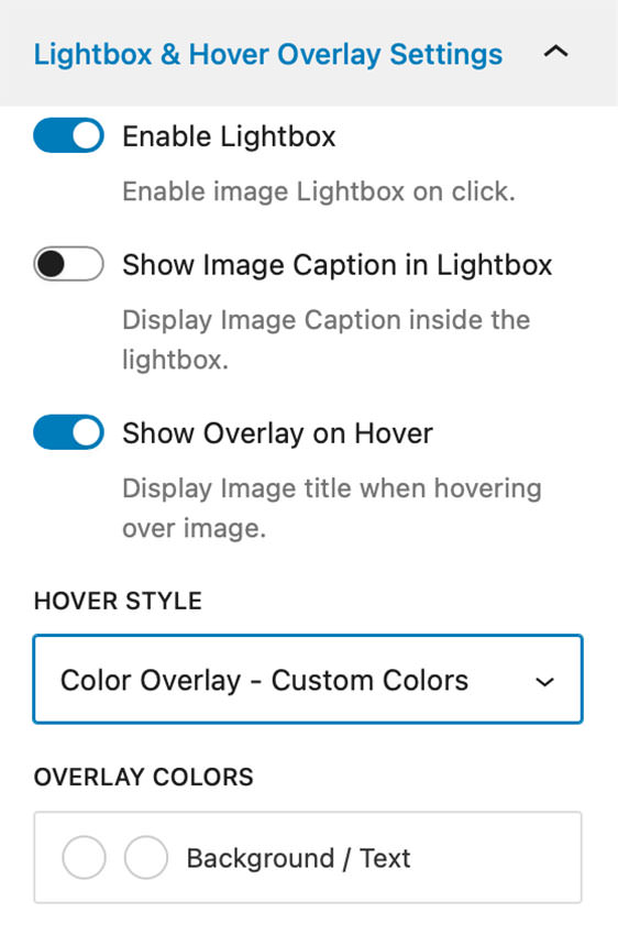 Lightbox & Hover Settings Panel on the Modular Gallery Block