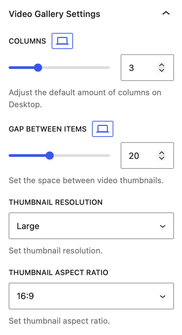Video Gallery Settings