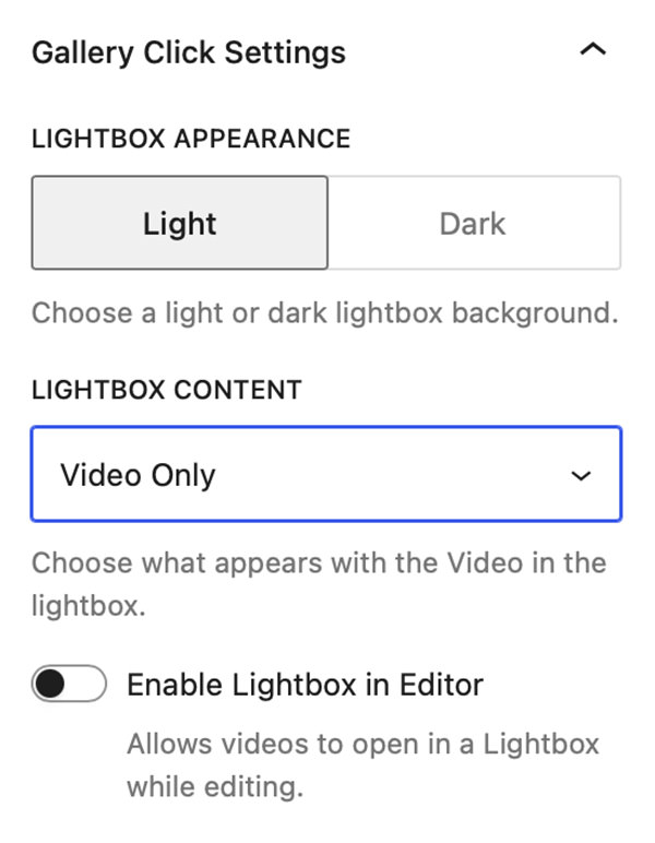 Video Gallery Block - Gallery Click Settings