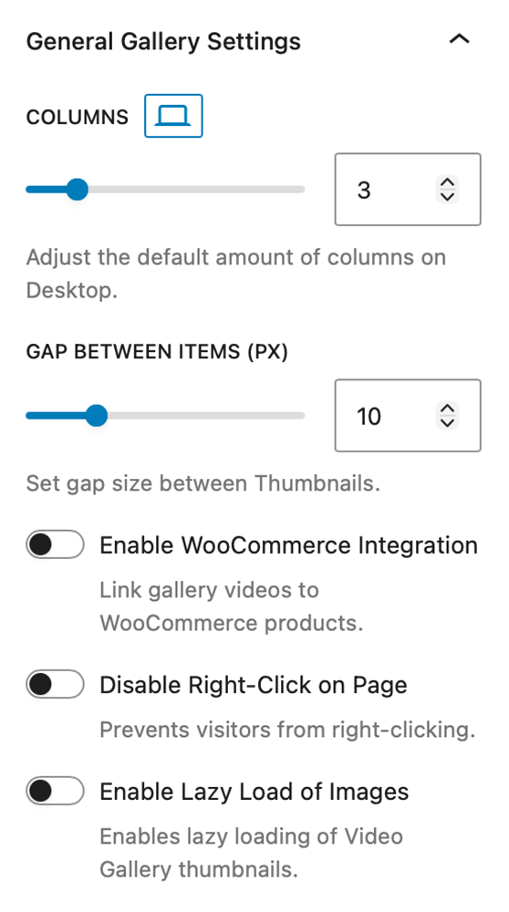 Video Gallery Block - General Gallery Settings