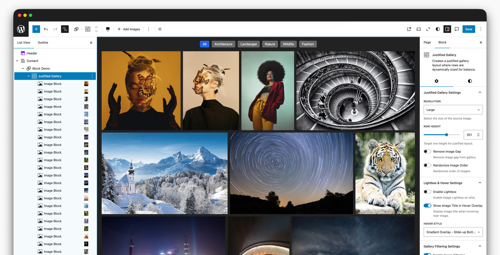The Justified Gallery Block a part of the FolioBlocks plugin for WordPress