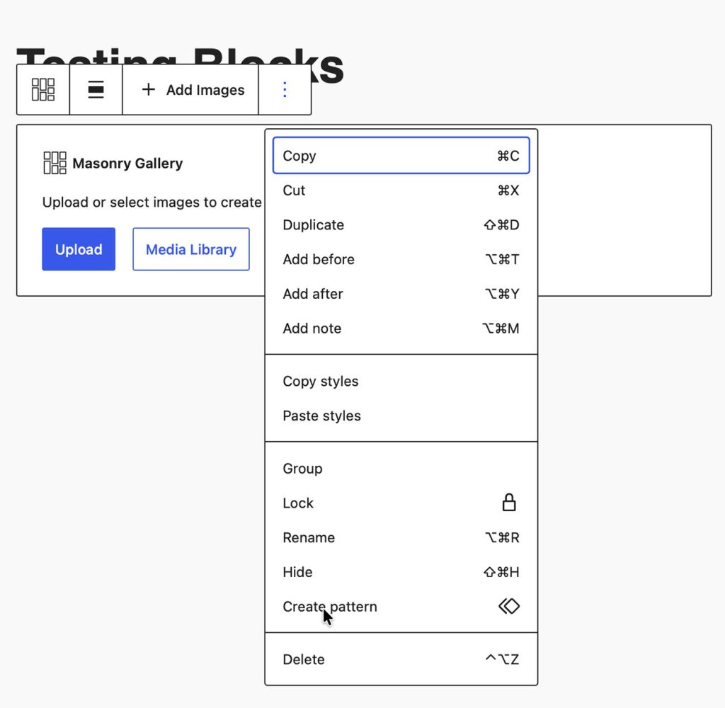 Creating the custom block pattern that will be your reusable gallery presets 