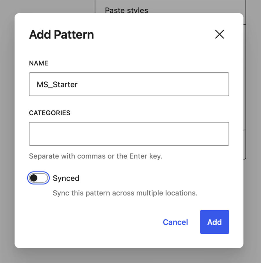 Saving the custom block pattern.