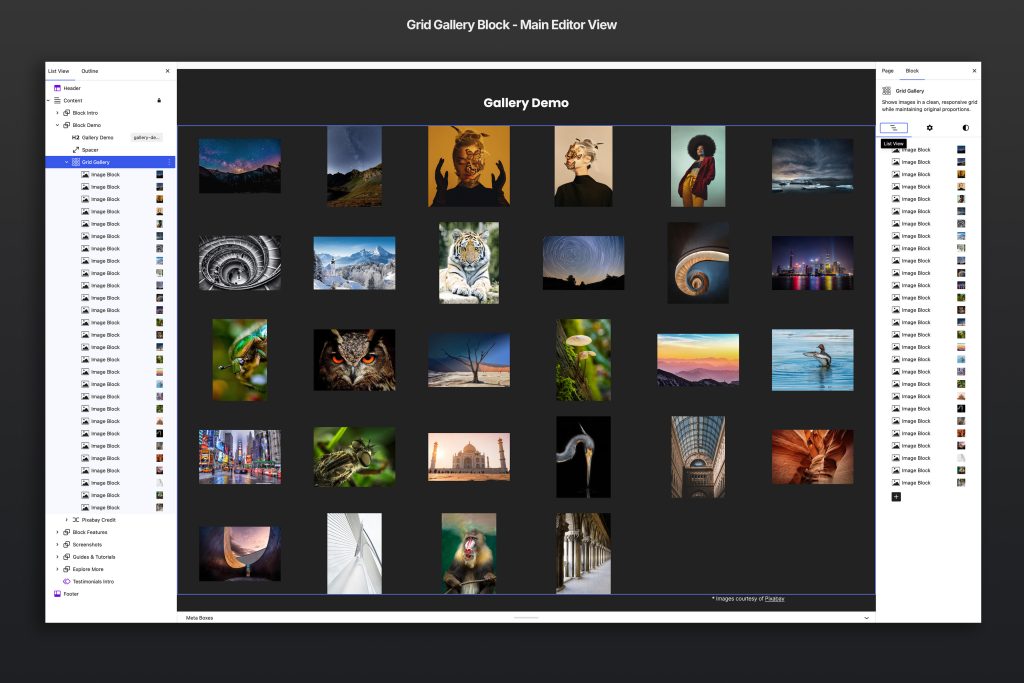 View of a populated Grid Gallery Block in the WordPress block edit.