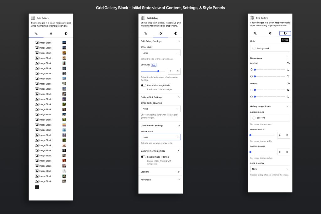 View of the 3 panels in the Grid Gallery Block: Content, Settings, & Styles. 