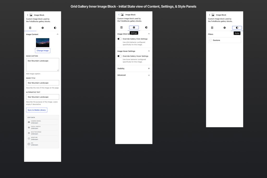 View of the 3 panels in the inner block Image Block child of the Grid Gallery Block: Content, Settings, & Styles. 