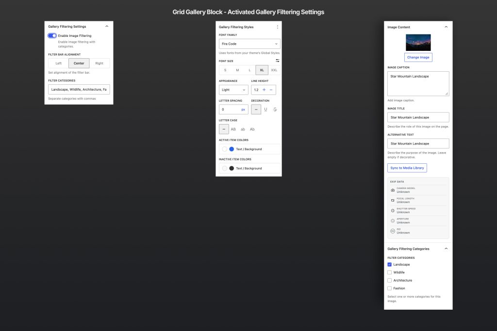 View of activated Gallery Filtering settings. 