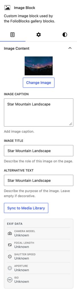 The Content panel on an Image Block when nested inside a gallery