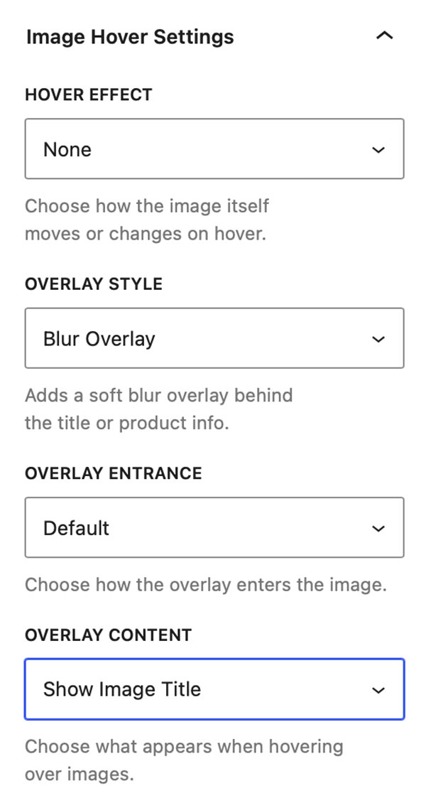 Image Hover Settings panel in the Image Block
