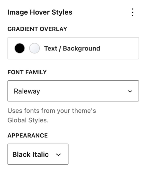The Image Hover Styles panel in the Styles section of the Image Block.