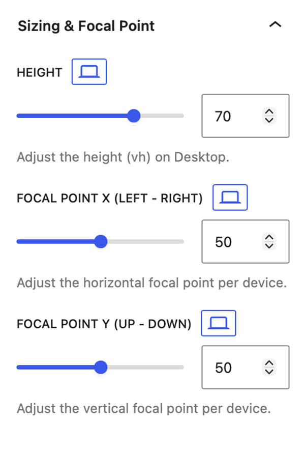Sizing & Focal Point settings for the Background Video Block. 