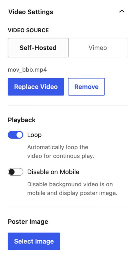 Video Settings for the Background Video Block. 