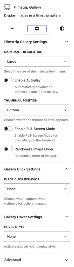 Filmstrip Gallery Settings Panel