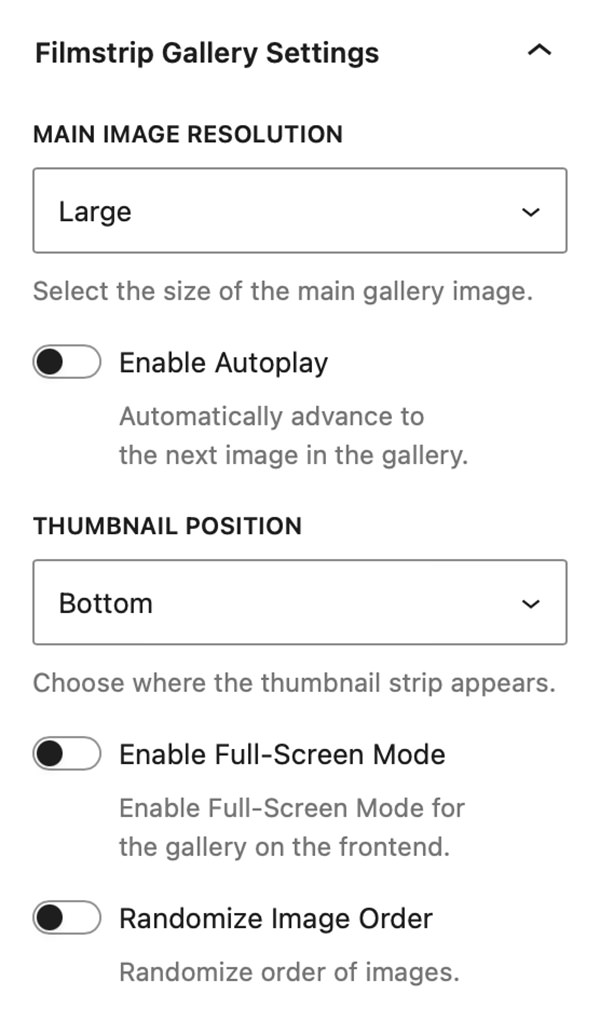 Filmstrip Gallery Settings Panel