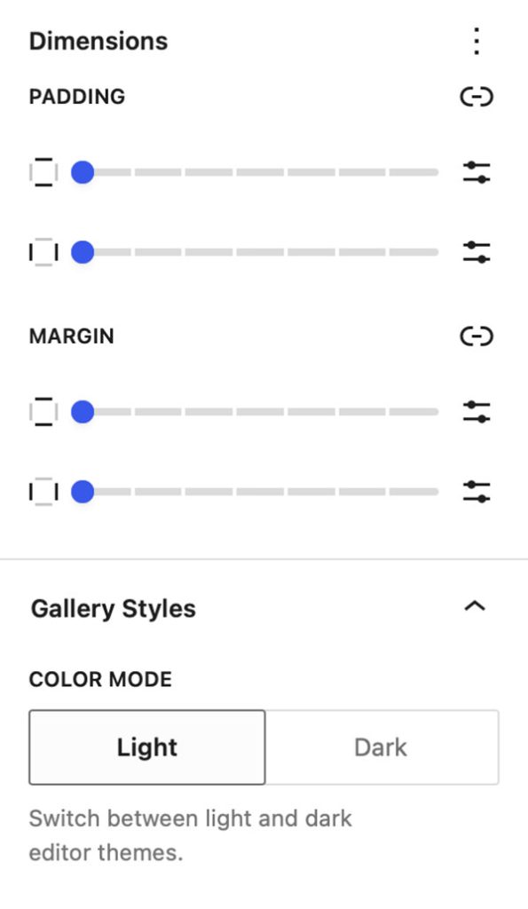 Dimensions and Gallery Styles panels in the Filmstrip Gallery Block