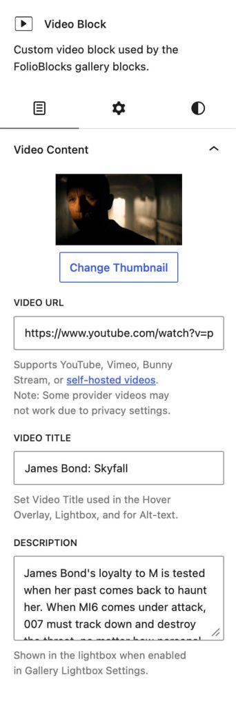 Video Block Content Panel