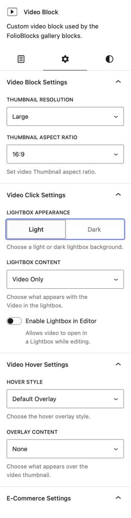 Video Block Settings Panel