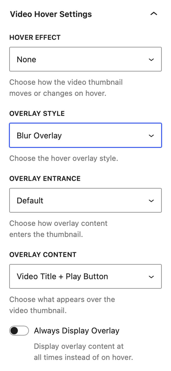 Video Hover Settings panel in the Settings section of the Video Block