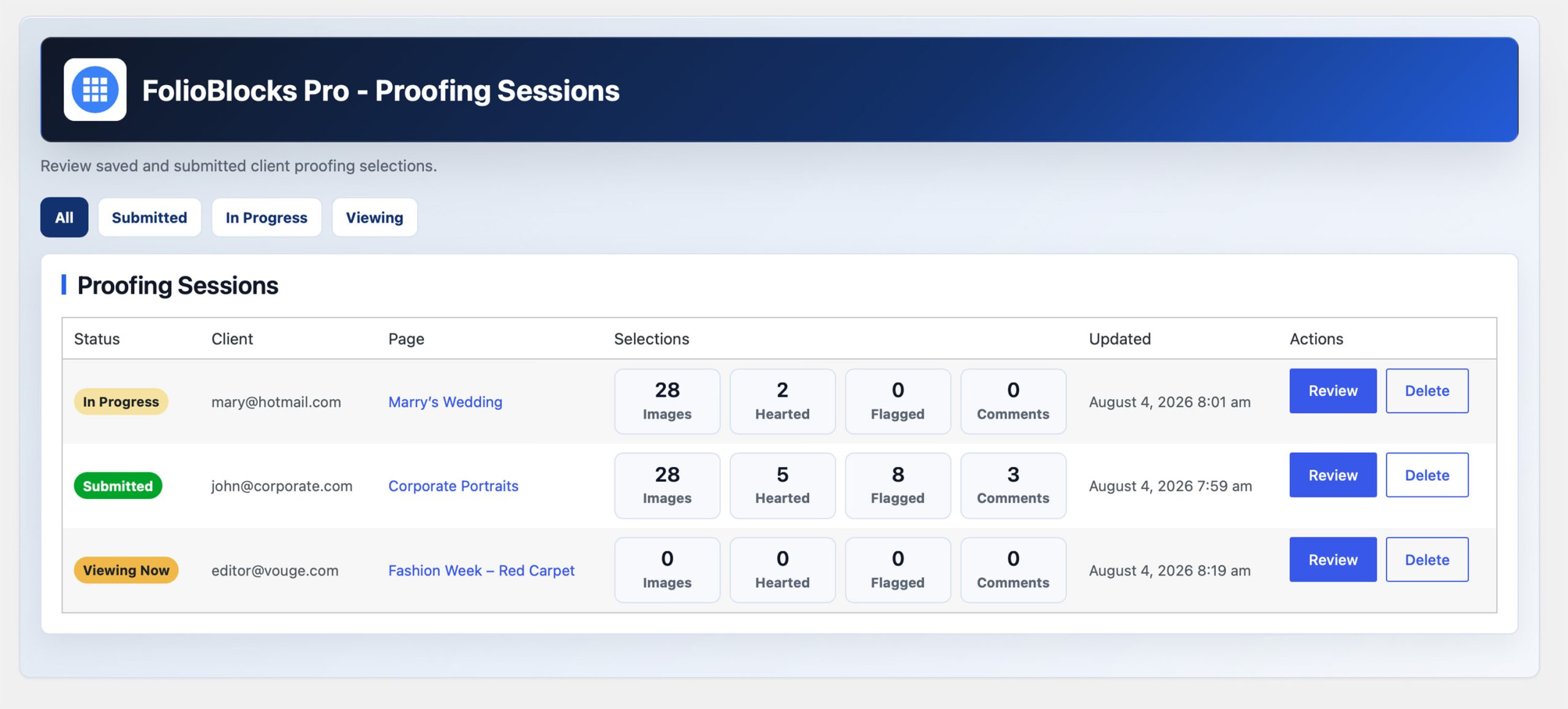 Proofing Session view in the WordPress admin dashboard.