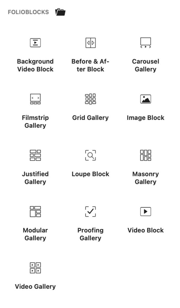 FolioBlocks section in the WordPress block inserter.