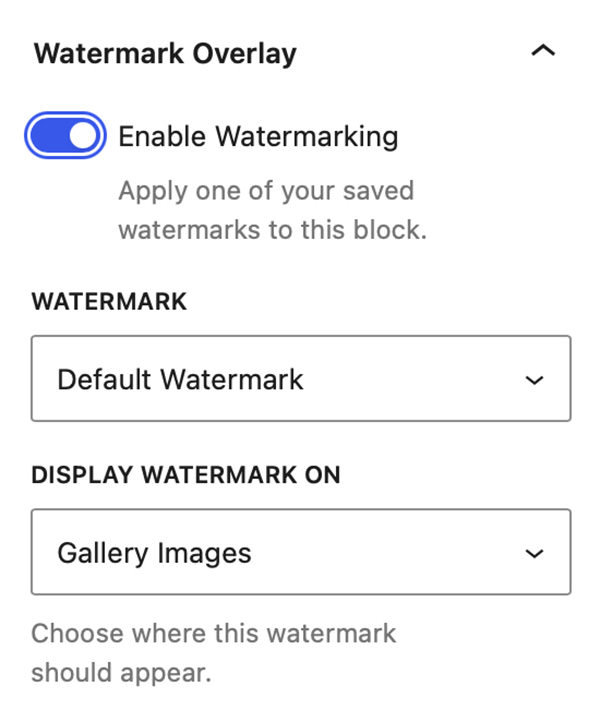 Watermark Overlay panel located in the Settings section of the Proofing Gallery Block.