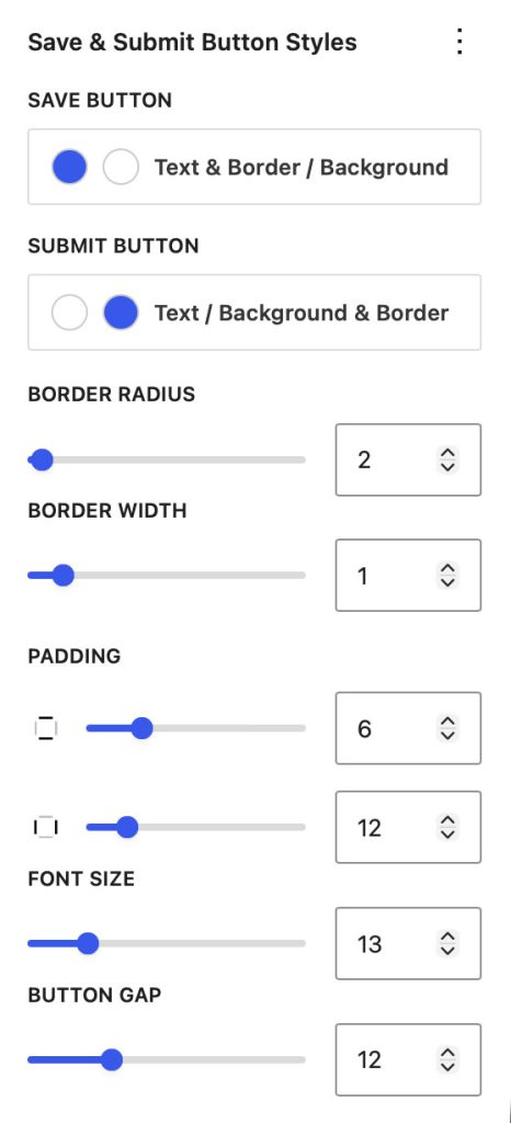 Save & Submit Button Styles panel located in the Styles section of the Proofing Gallery Block.