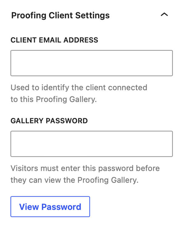 Adding client details and a password in the Proofing Gallery block.