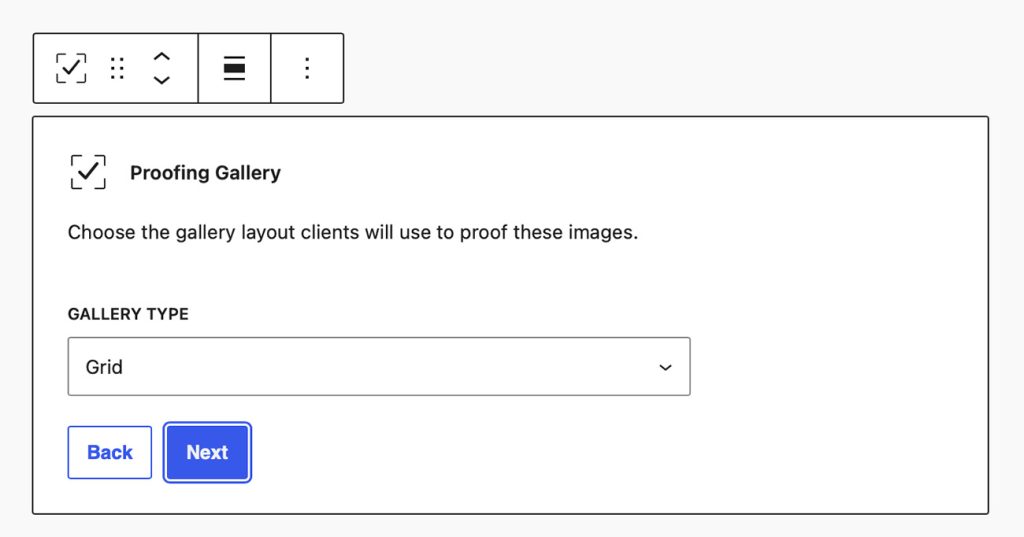 Selecting Gallery type in the Proofing Gallery Block.