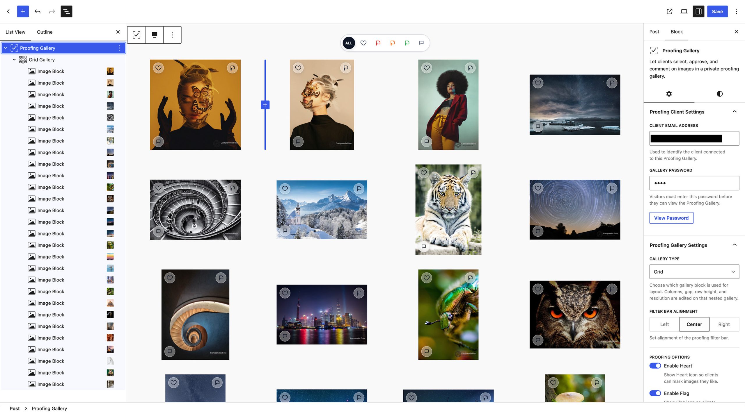 View of the Proofing Gallery block in the WordPress block editor.