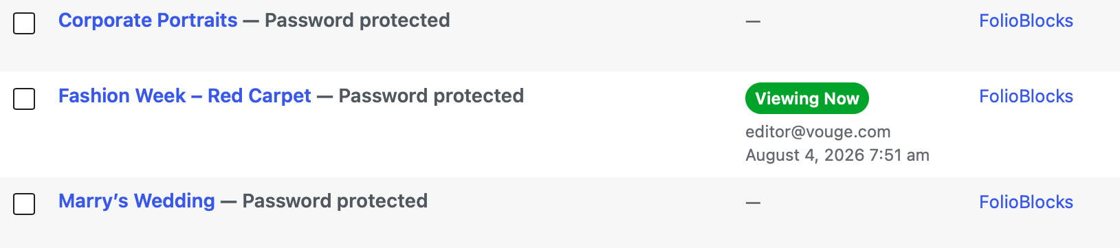 Viewing now badge in the Post/Page admin view.